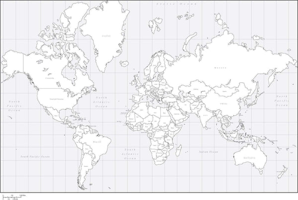 World Black & White Map with Countries - Mercator Europe Centered ...