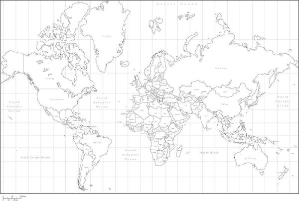 World Black And White Mercator Projection World Map With Countries