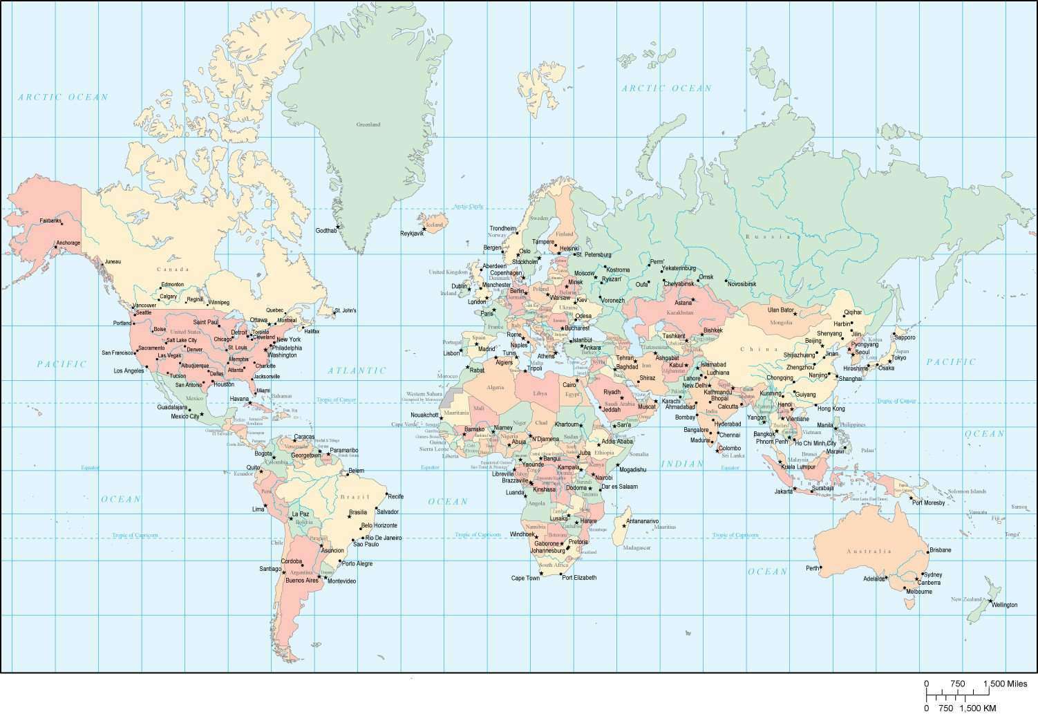 world map multi color europe center with countries major cities