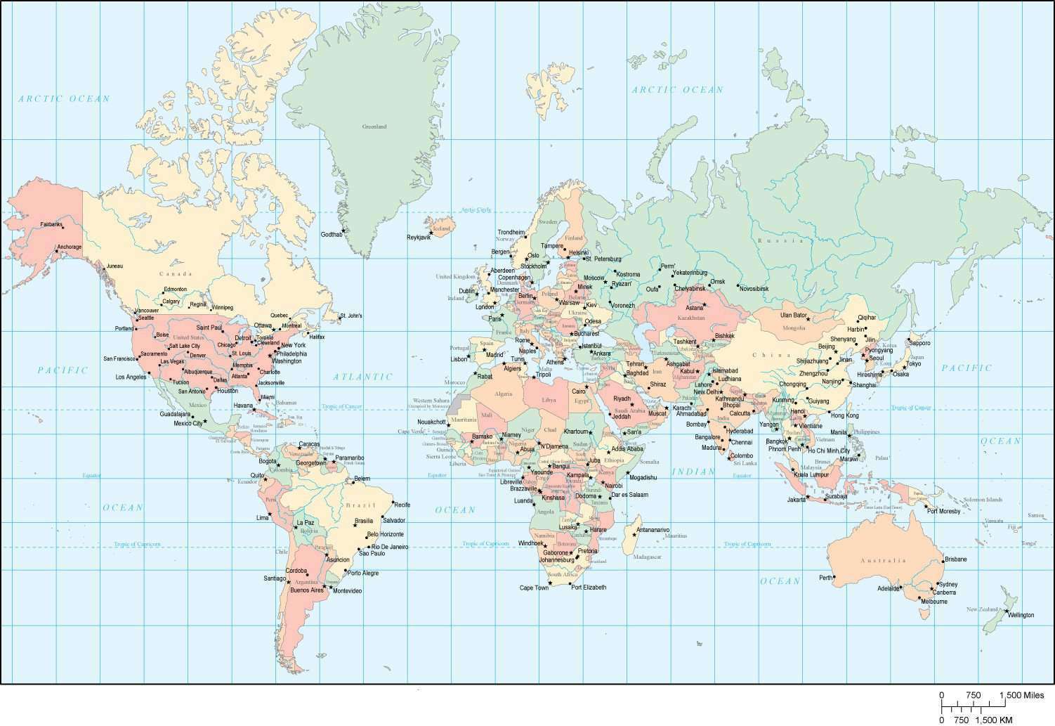 world map with countries and cities name