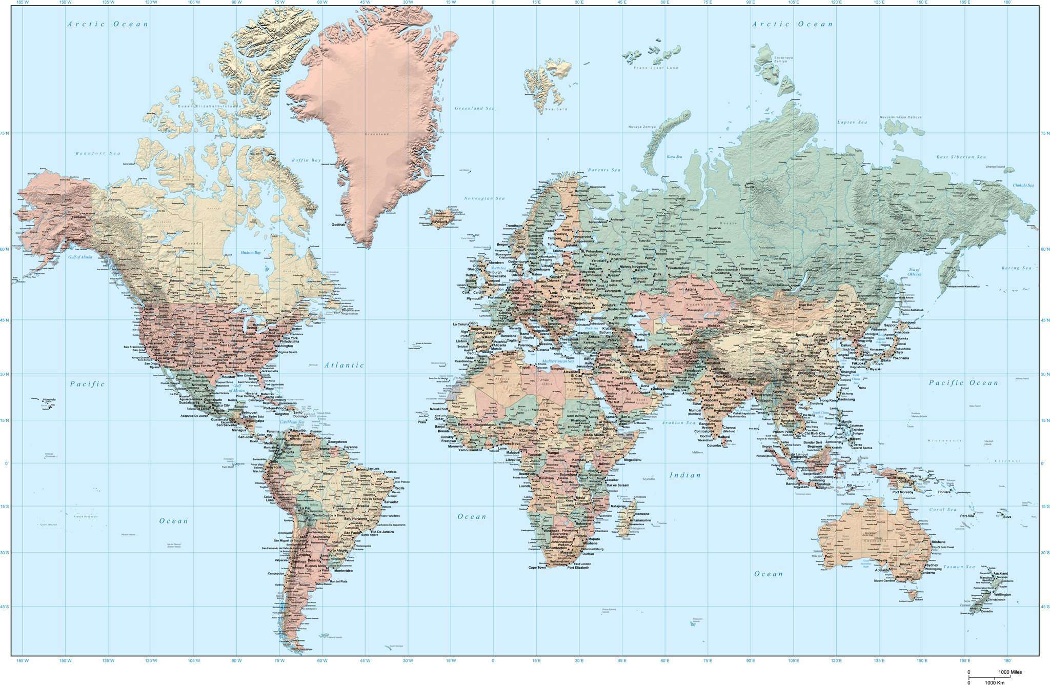 digital adobe illustrator world map with high res grayscale terrain