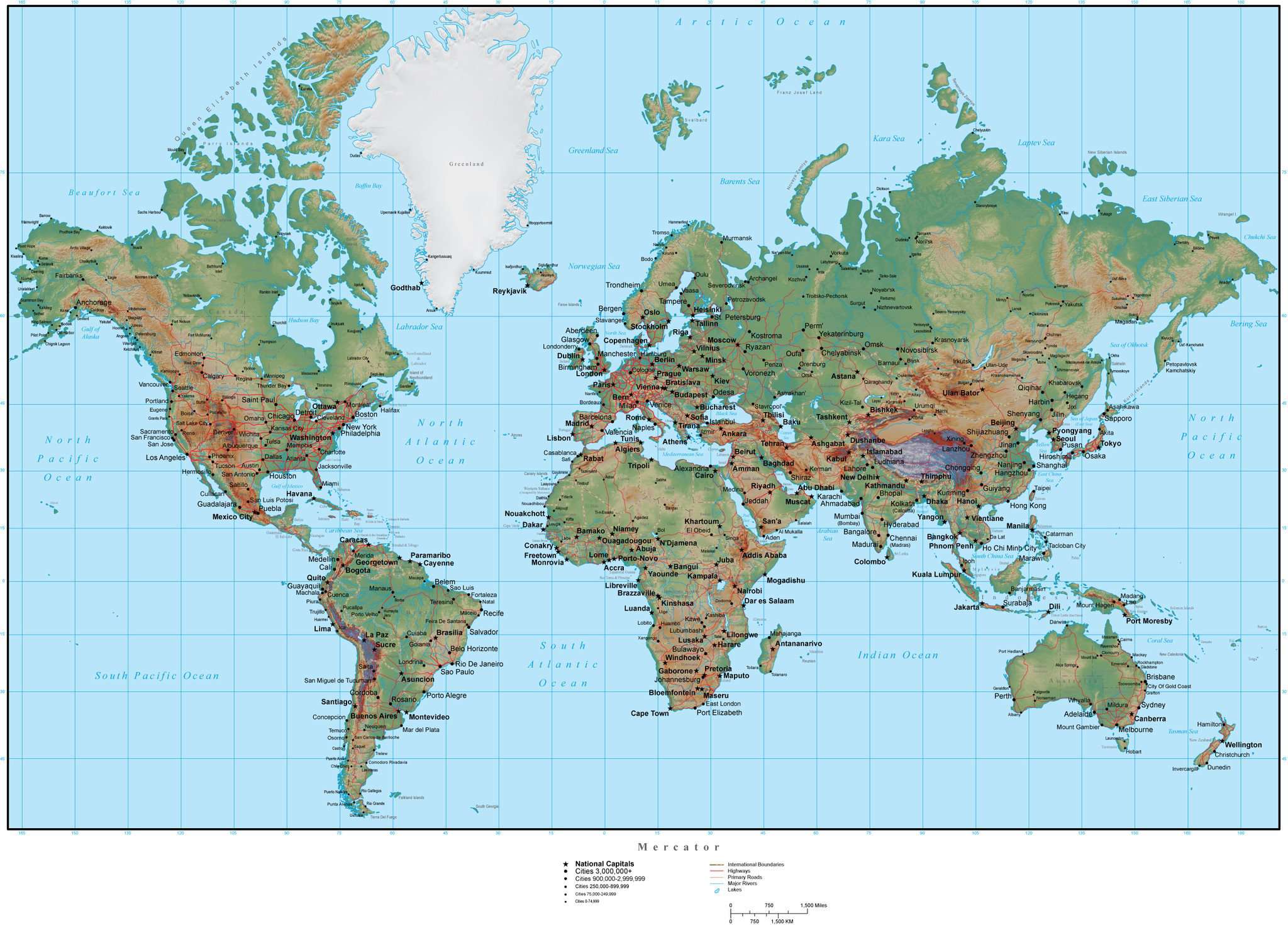 World Map Plus Terrain - Europe Centered Mercator Projection