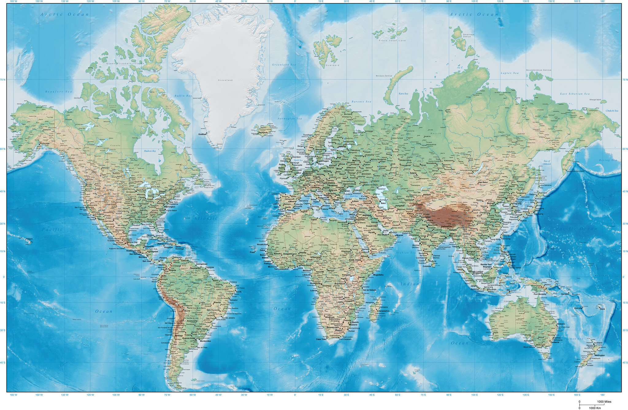 Digital Poster Size This World Map With Terrain In Adobe