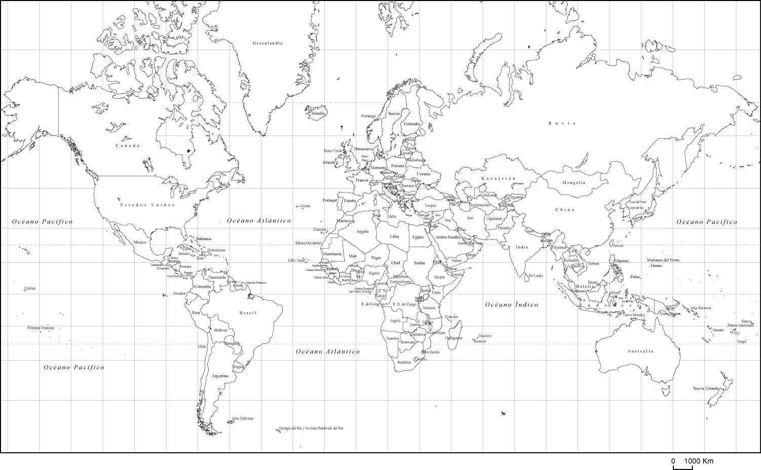 world map with country names black and white