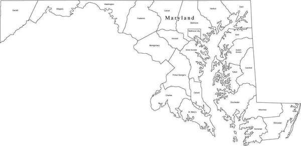 Black & White Maryland Digital Map with Counties – Map Resources