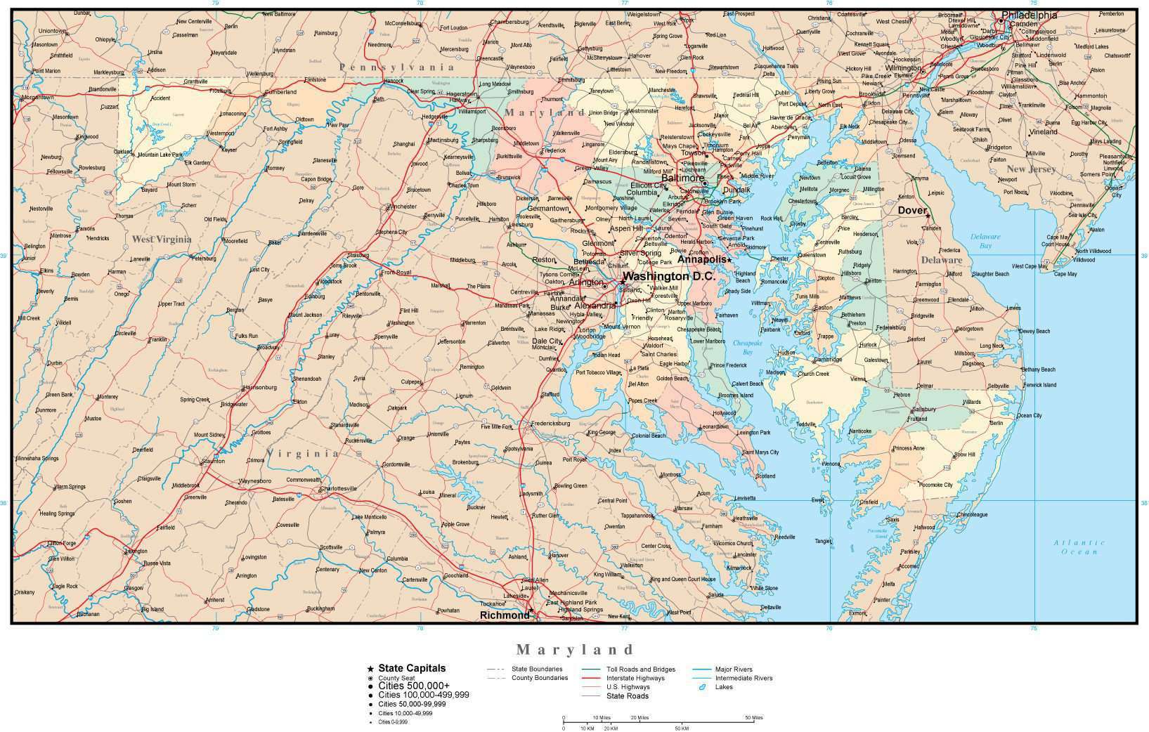 Maryland Adobe Illustrator Map with Counties, Cities, County Seats, Major Roads