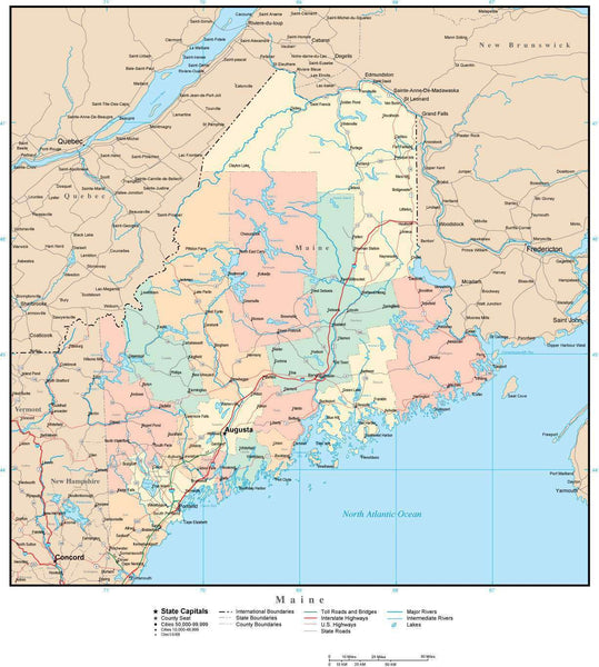 Maine Adobe Illustrator Map with Counties, Cities, County Seats, Major