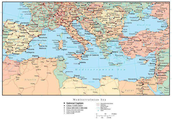 Mediterranean Map with Countries, Cities, and Roads – Map Resources