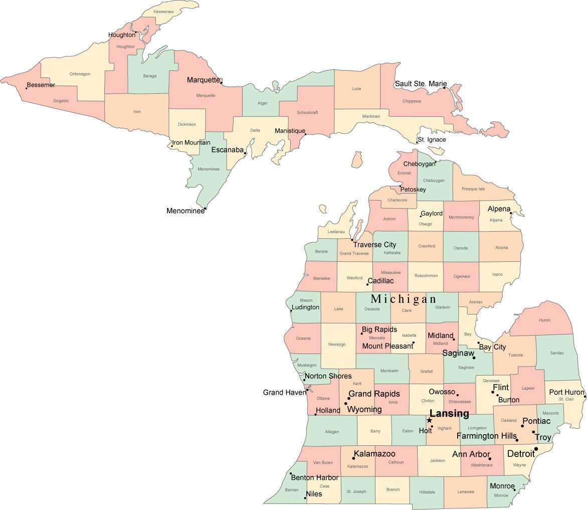 Map Of Michigan Cities Multi Color Michigan Map With Counties, Capitals, And Major Cities
