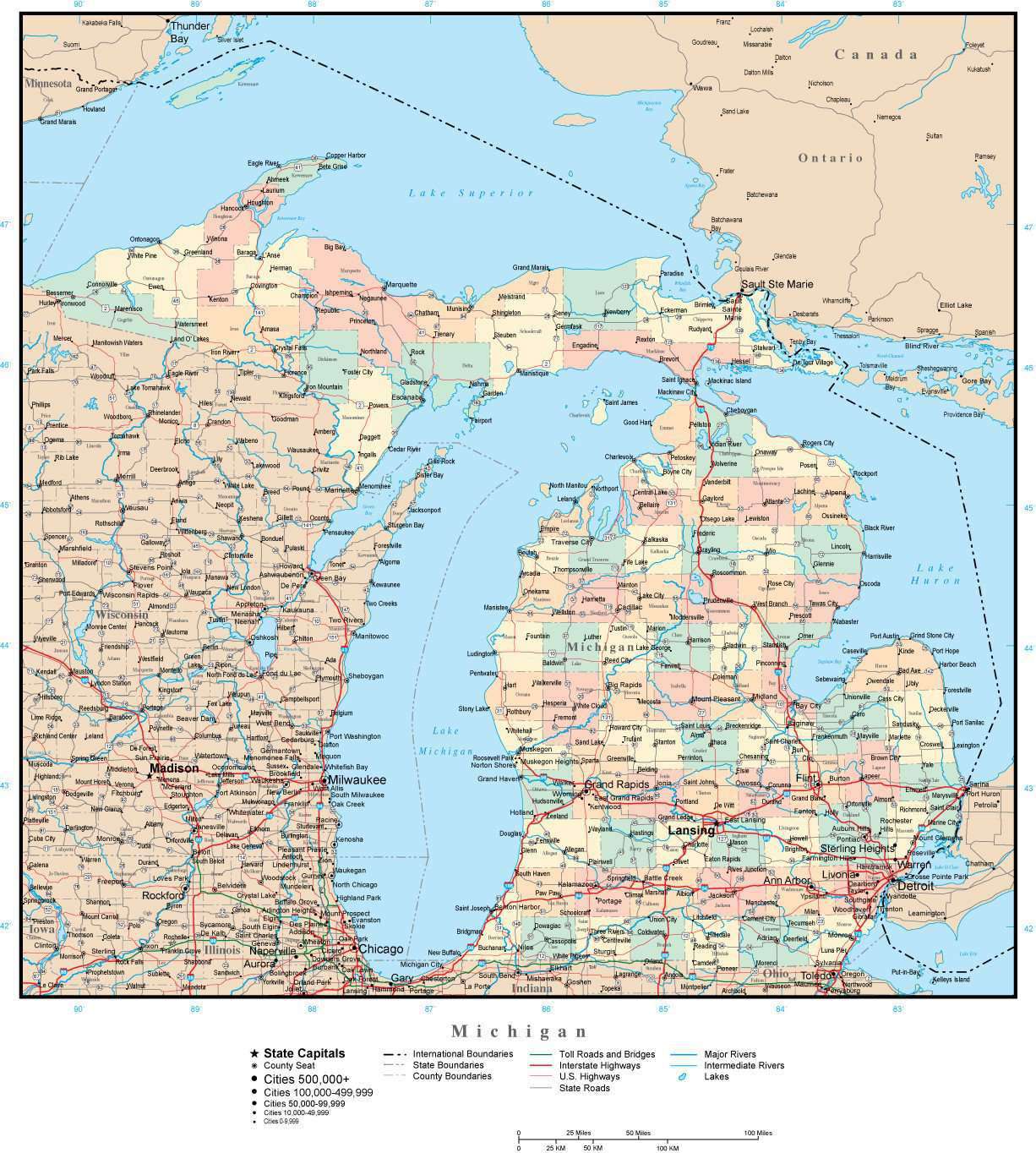 Michigan Adobe Illustrator Map With Counties Cities County Seats Major Roads 4036