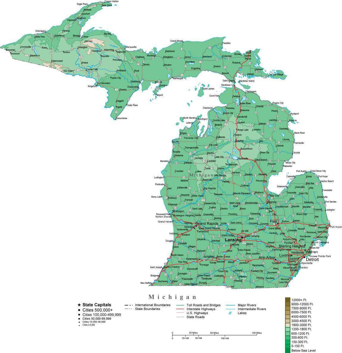 Michigan Contour Map In Adobe Illustrator Digital Vector Format 6070