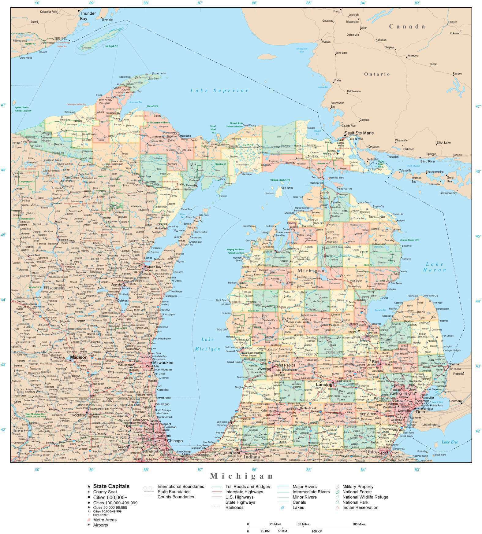 Michigan State Map In Adobe Illustrator Vector Format Detailed