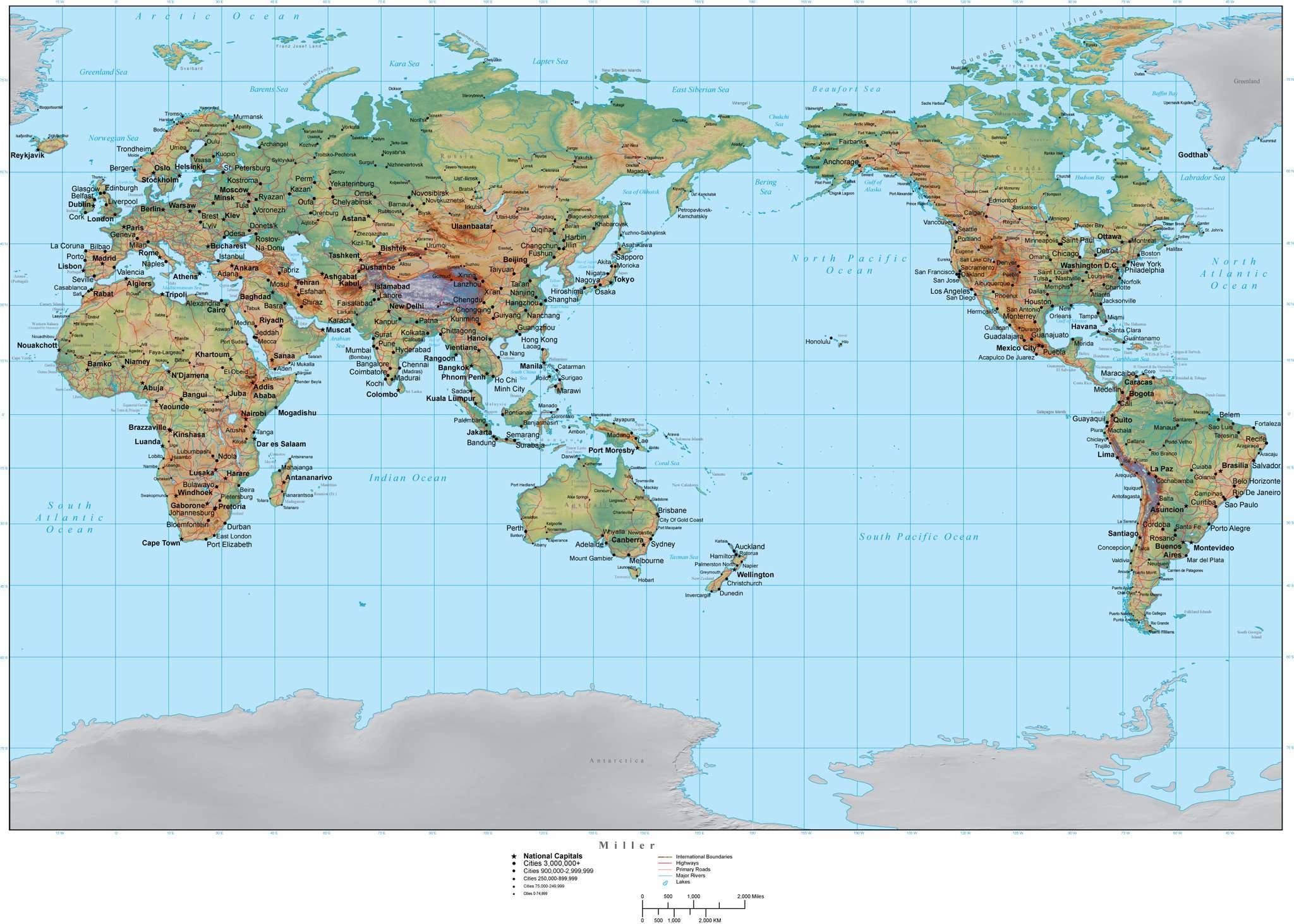 World Map With Terrain Asia Centered Miller Projection Ph