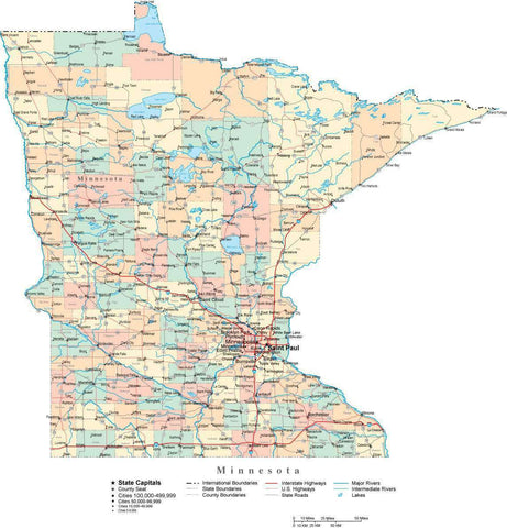 Minnesota Digital Vector Map with Counties, Major Cities, Roads, Rivers ...