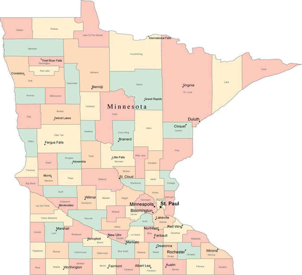 Multi Color Minnesota Map with Counties, Capitals, and Major Cities ...