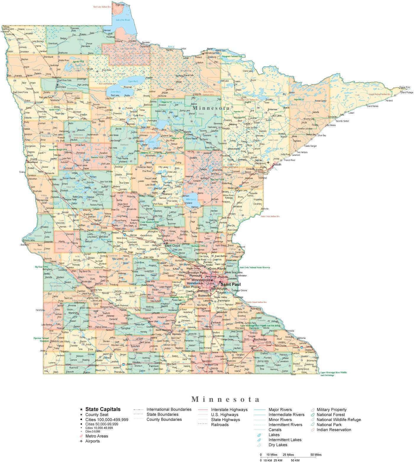 State Map of Minnesota in Adobe Illustrator vector format. Detailed ...