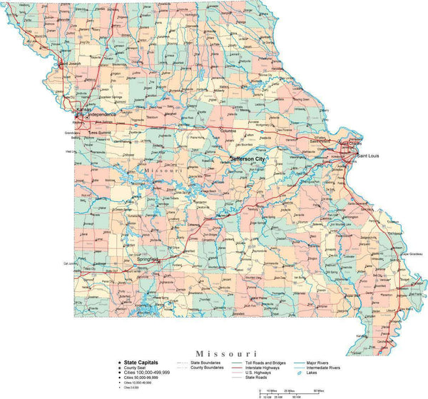 Missouri Digital Vector Map with Counties, Major Cities, Roads, Rivers ...