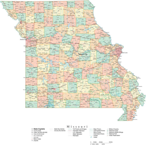 State Map of Missouri in Adobe Illustrator vector format. Detailed ...
