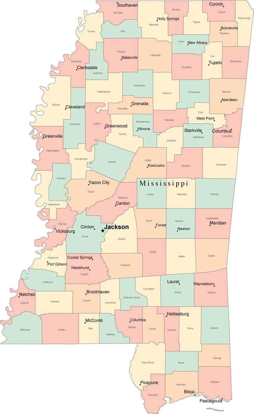 city map of ms Multi Color Mississippi Map With Counties Capitals And Major Cities city map of ms