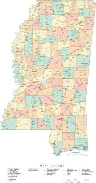 State Map of Mississippi in Adobe Illustrator vector format. Detailed ...
