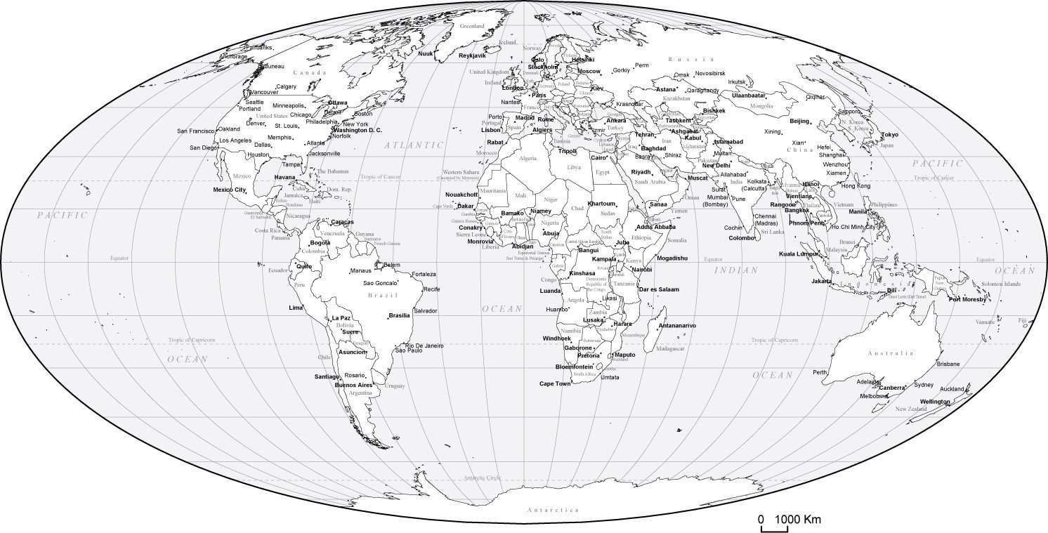 black white world map with countries capitals and major cities mw eur 253549