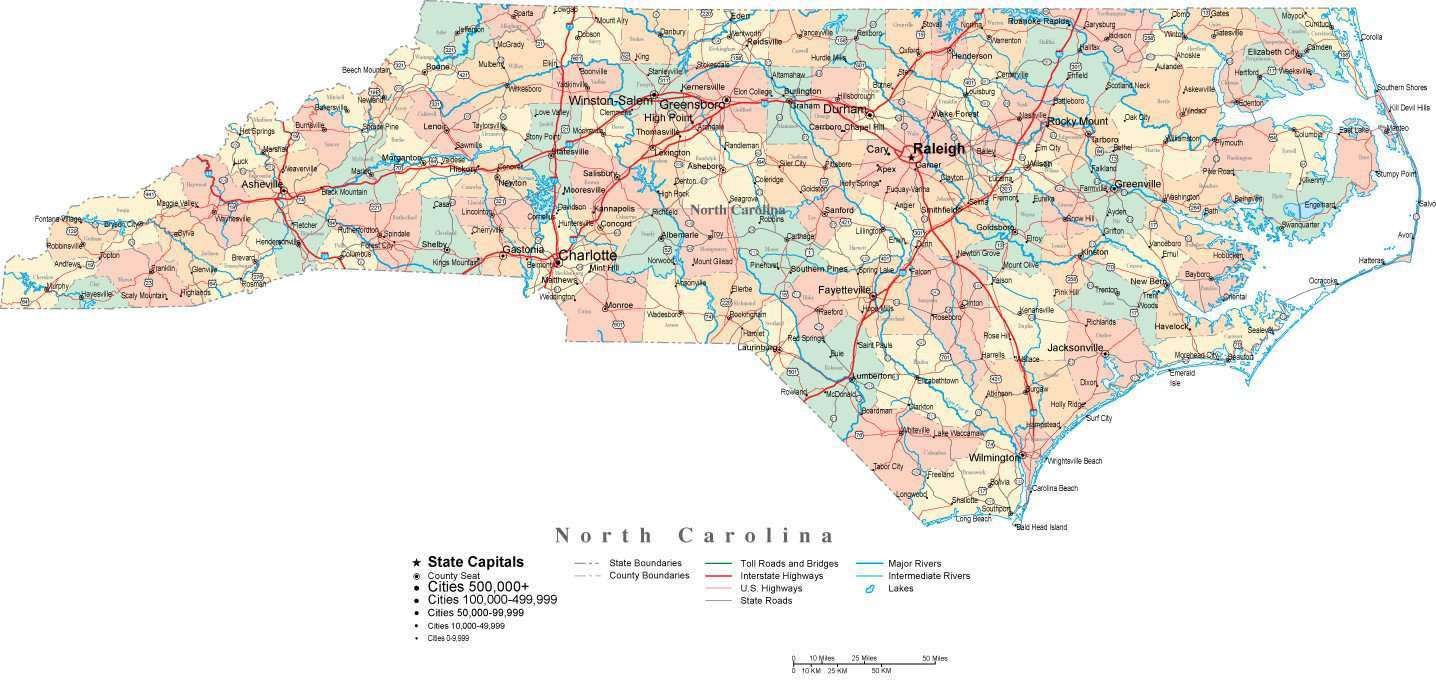 North Carolina Digital Vector Map With Counties Major Cities Roads Rivers And Lakes Map Resources 0342