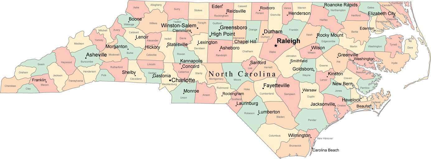 Multi Color North Carolina Map with Counties, Capitals ...