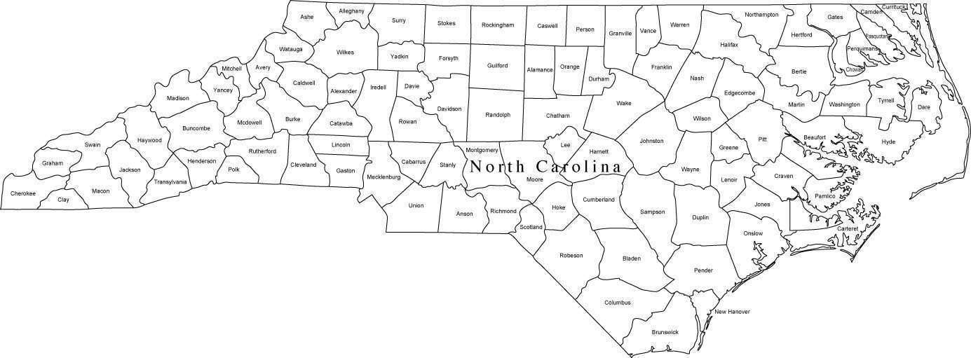 Black & White North Carolina Digital Map with Counties