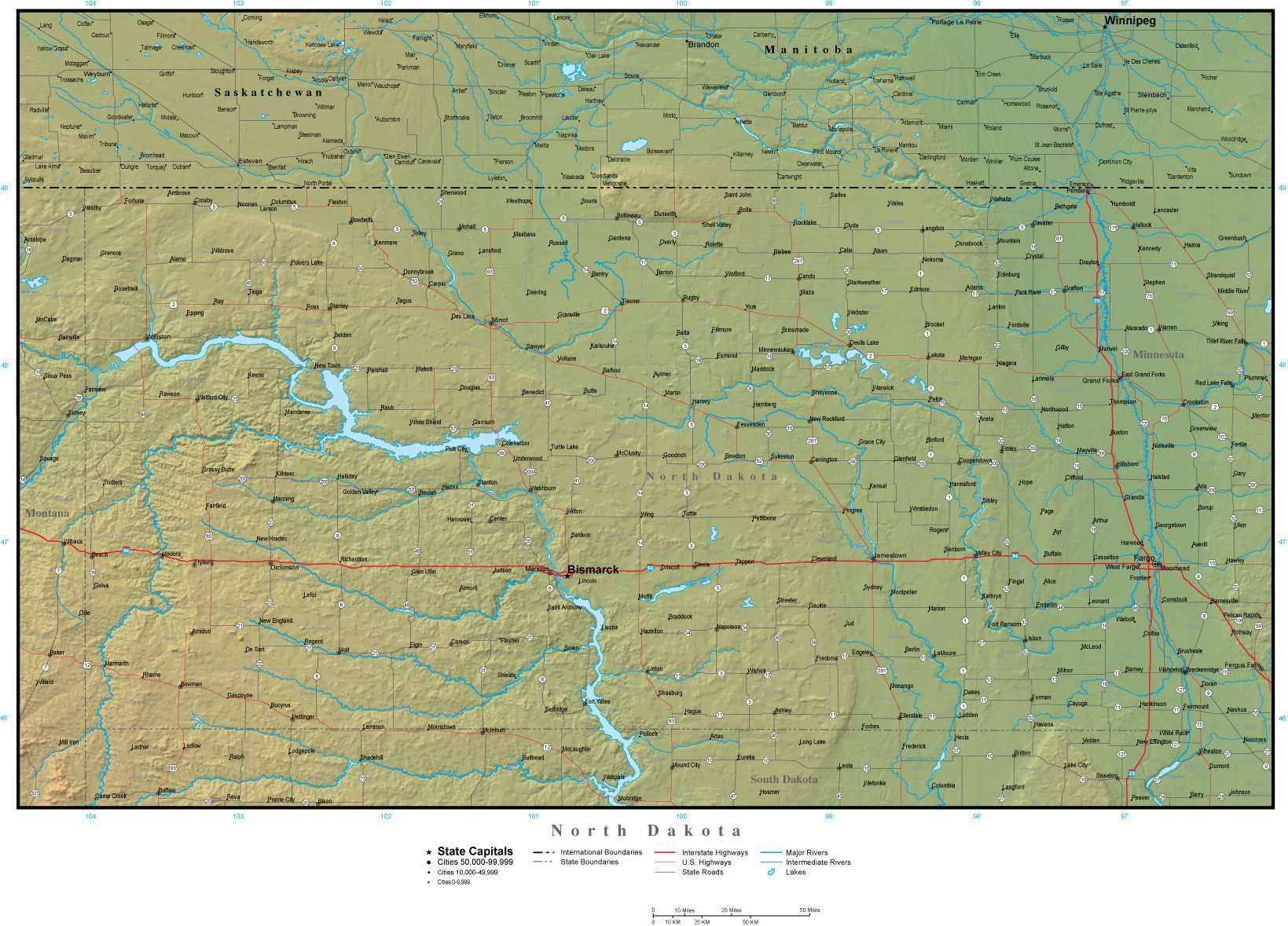 North Dakota State Map Plus Terrain With Cities Roads   ND USA 942232 