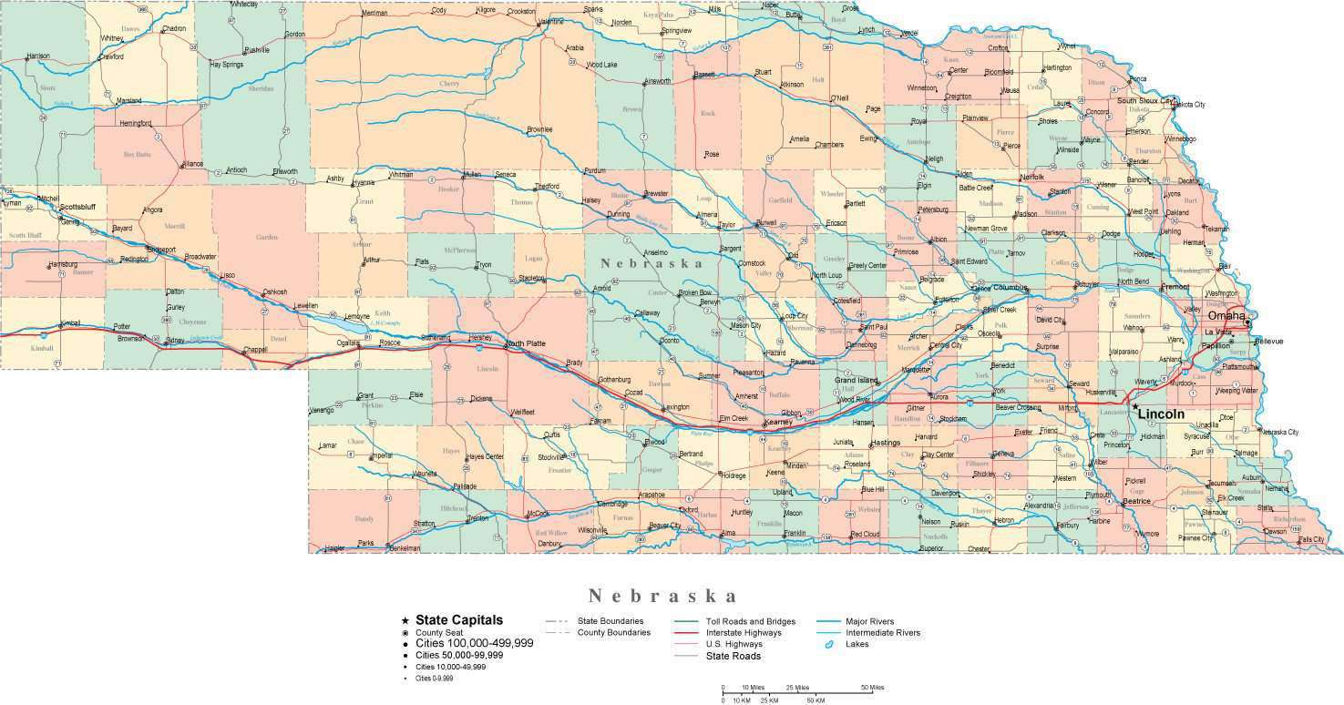 Nebraska Digital Vector Map With Counties Major Cities Roads Rivers And Lakes 2318