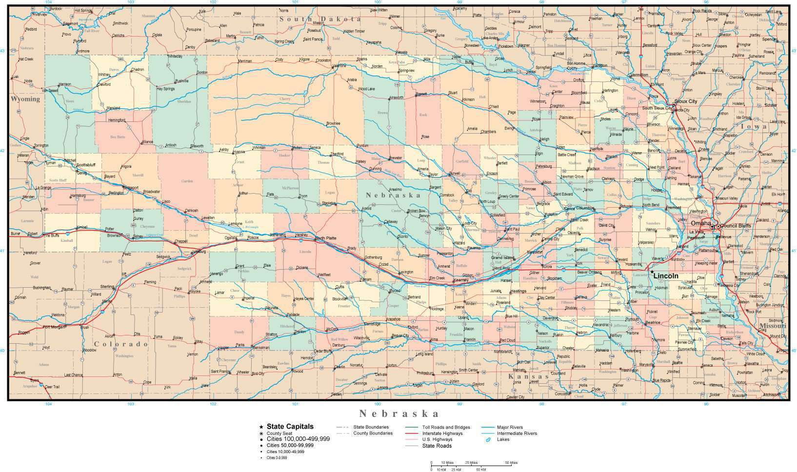 Nebraska Adobe Illustrator Map With Counties Cities County Seats