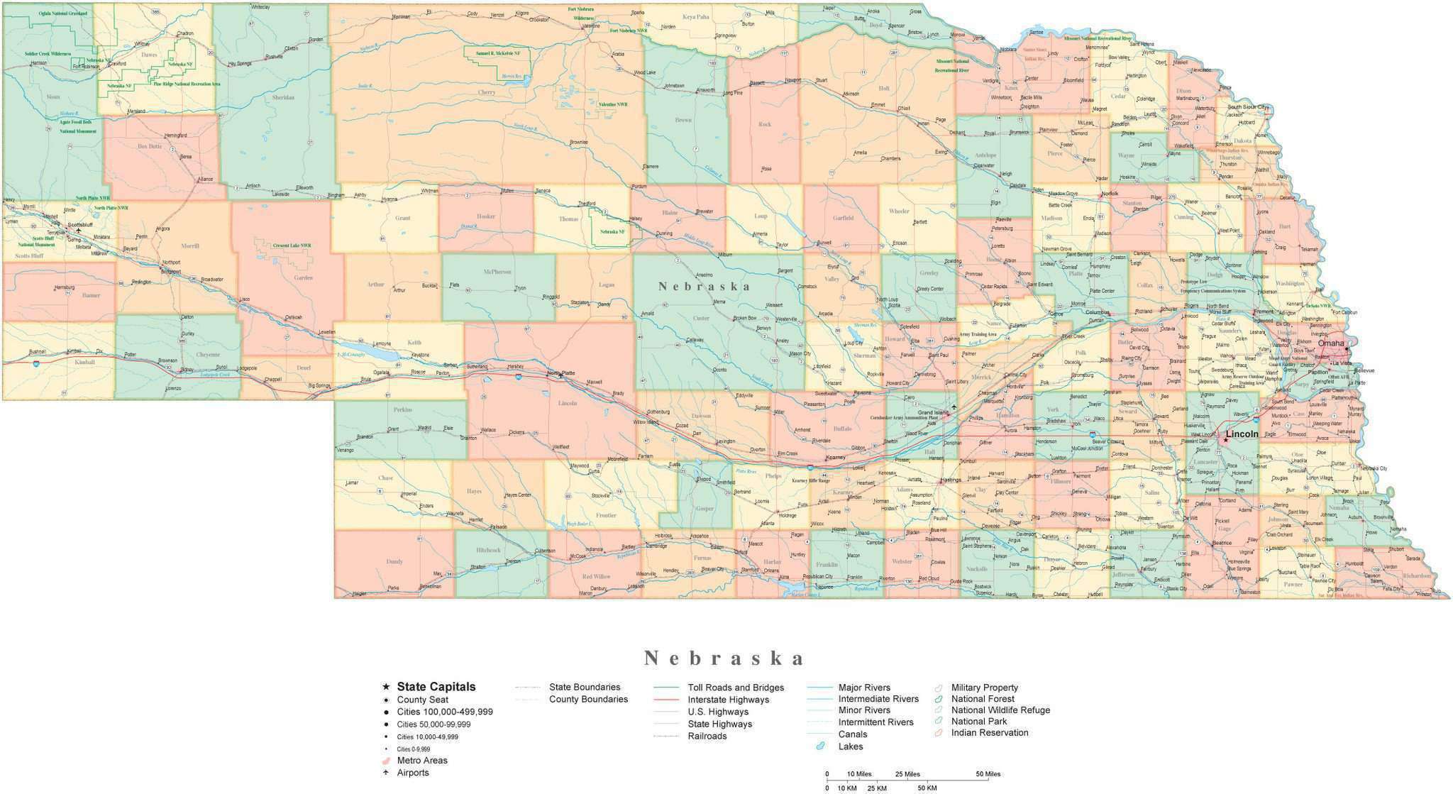 State Map of Nebraska in Adobe Illustrator vector format. Detailed