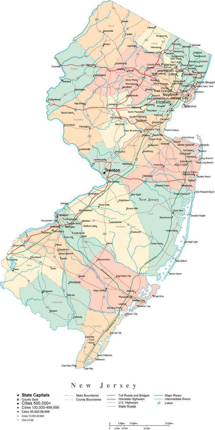 New Jersey Map With Counties And Cities New Jersey Digital Vector Map with Counties, Major Cities, Roads 