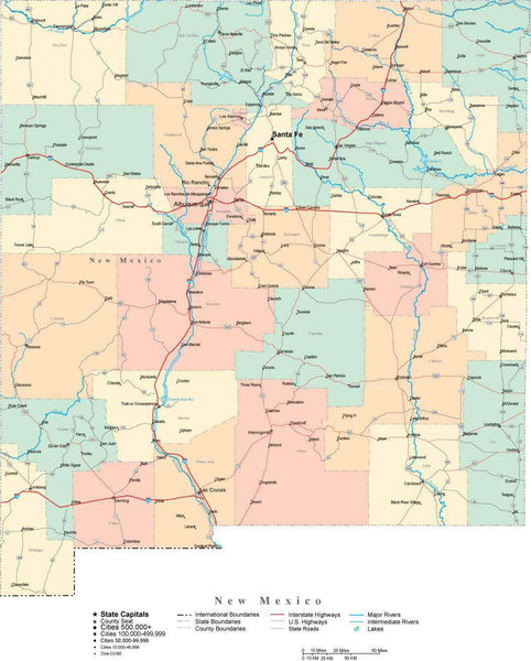 New Mexico Digital Vector Map with Counties, Major Cities ...