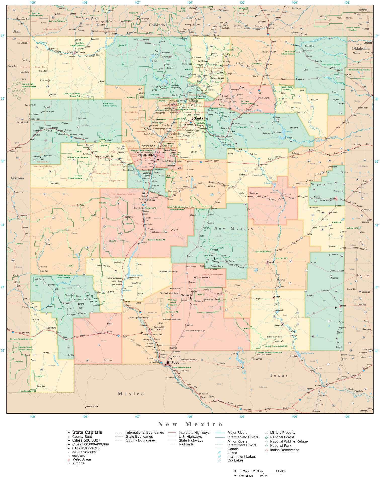 New Mexico map in Adobe Illustrator vector format. Detailed, editable