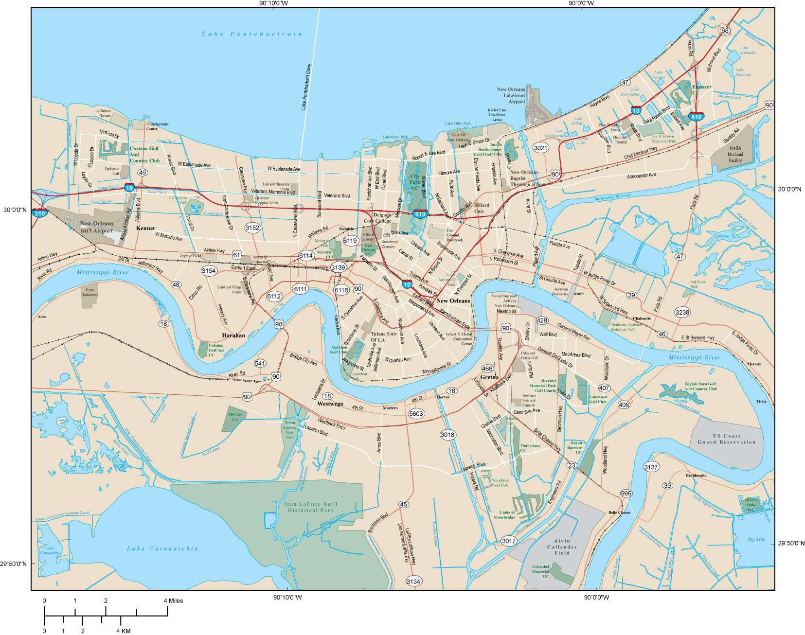 New Orleans La Map Metro Area 456 Square Miles With Major Roads