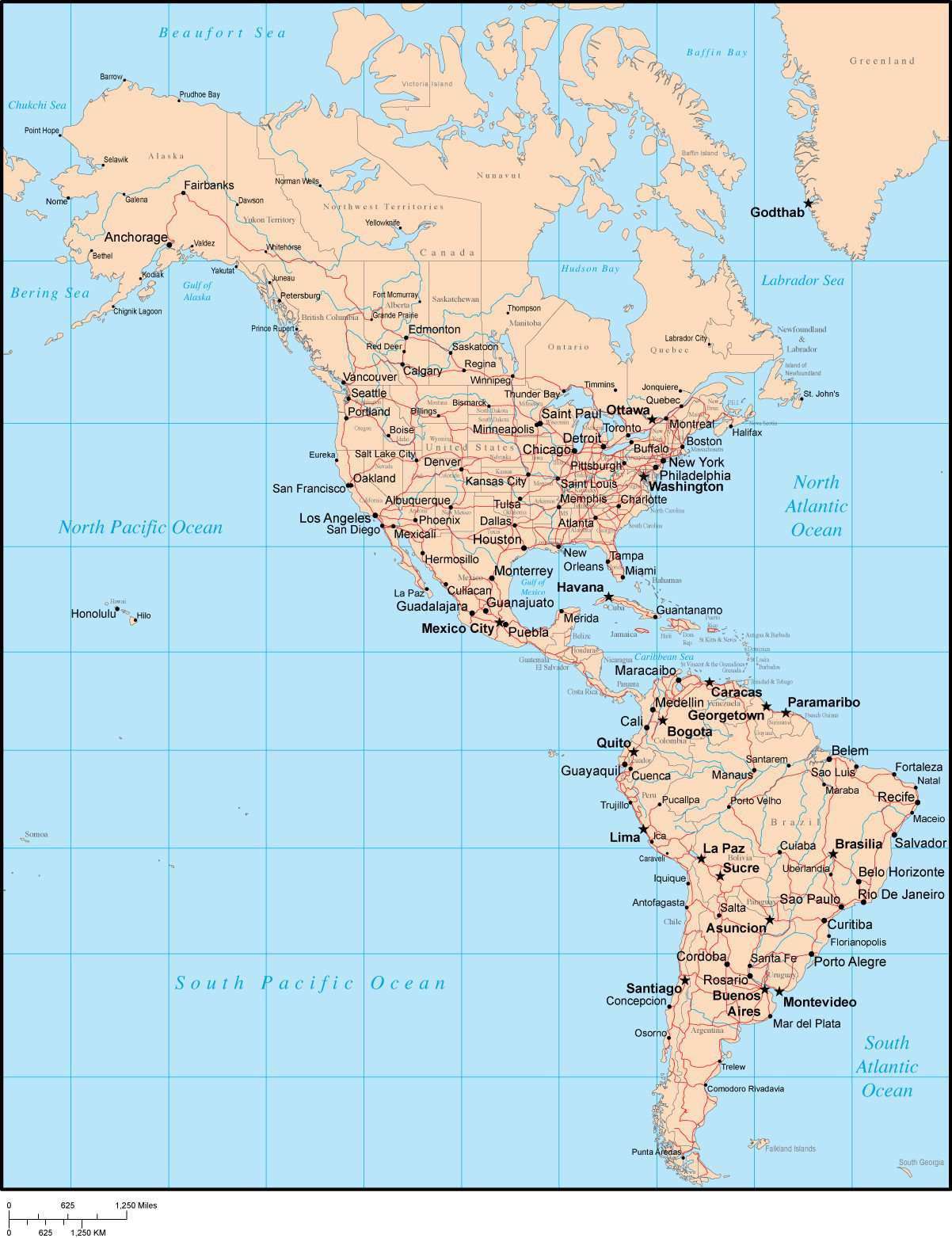 North And South America Map With States Single Color N & S America Map with Countries, Major Cities