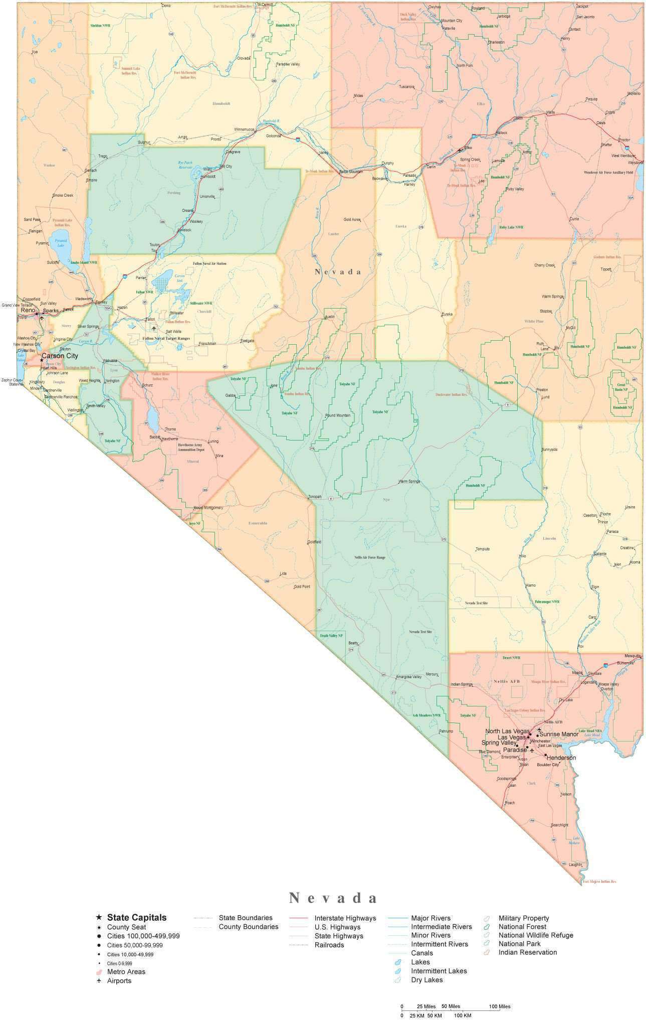 State Map of Nevada in Adobe Illustrator vector format. Detailed