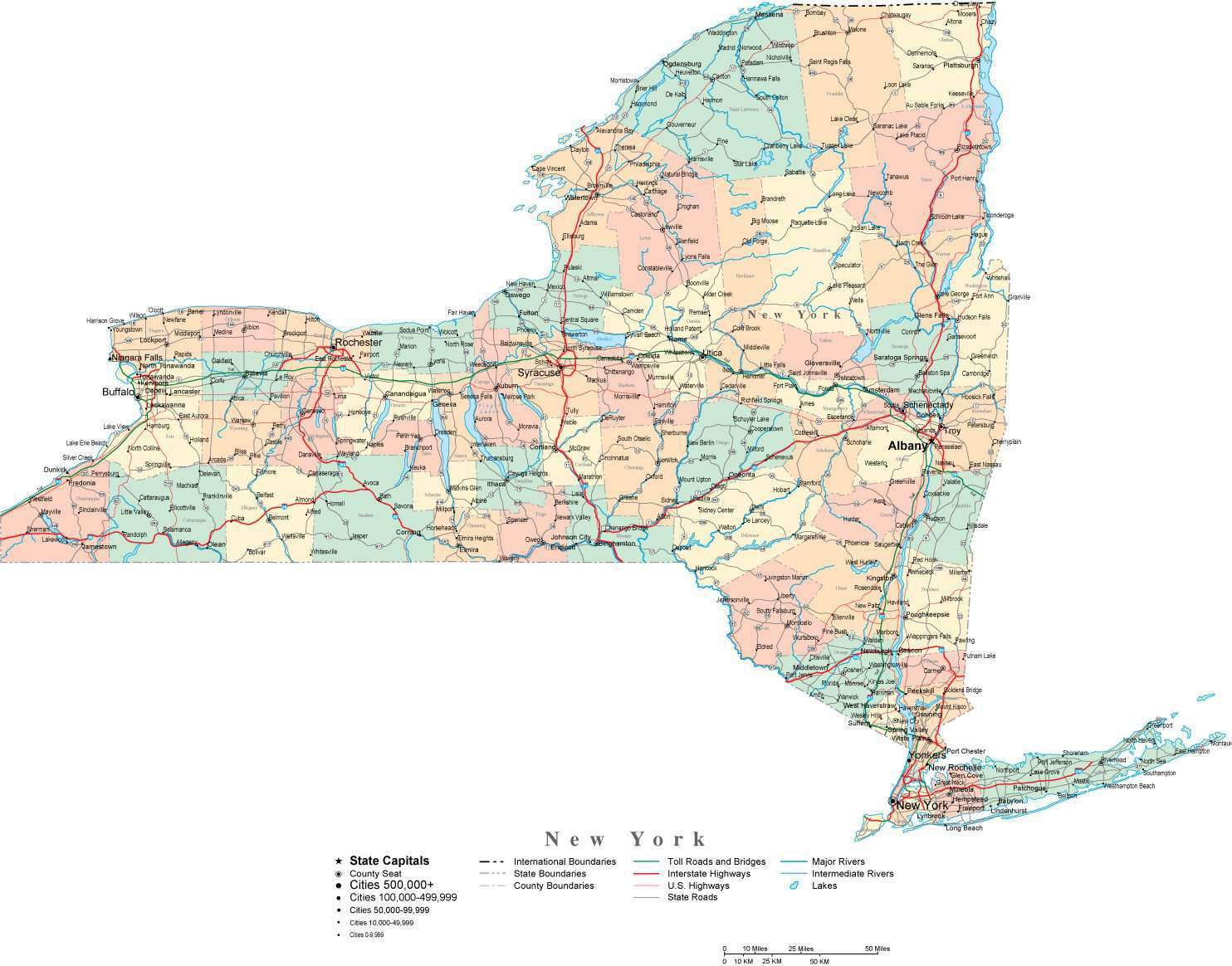 New York State Digital Vector Map with Counties, Major Cities, Roads