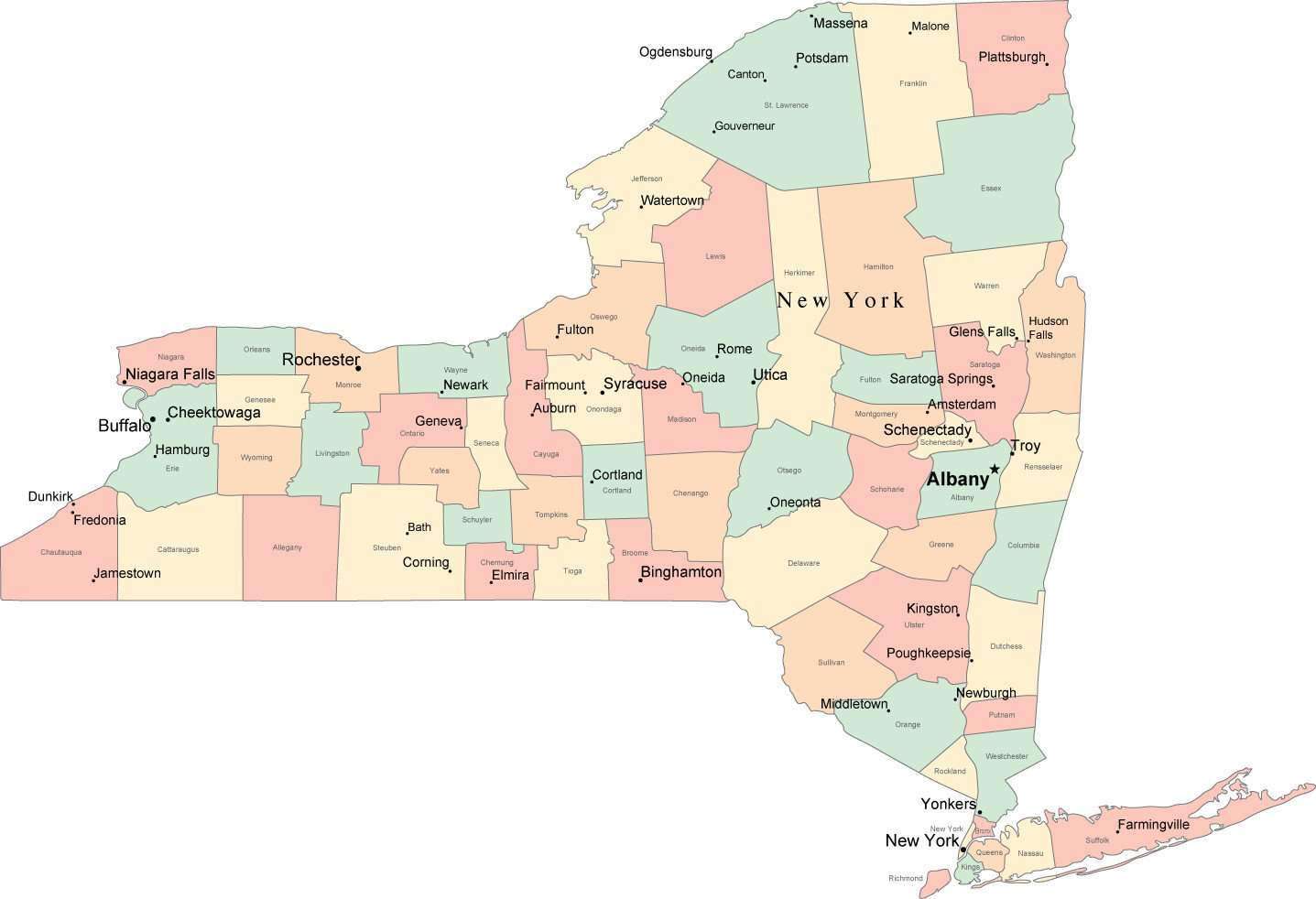 Multi Color New York State Map with Counties Capitals and Major Citi