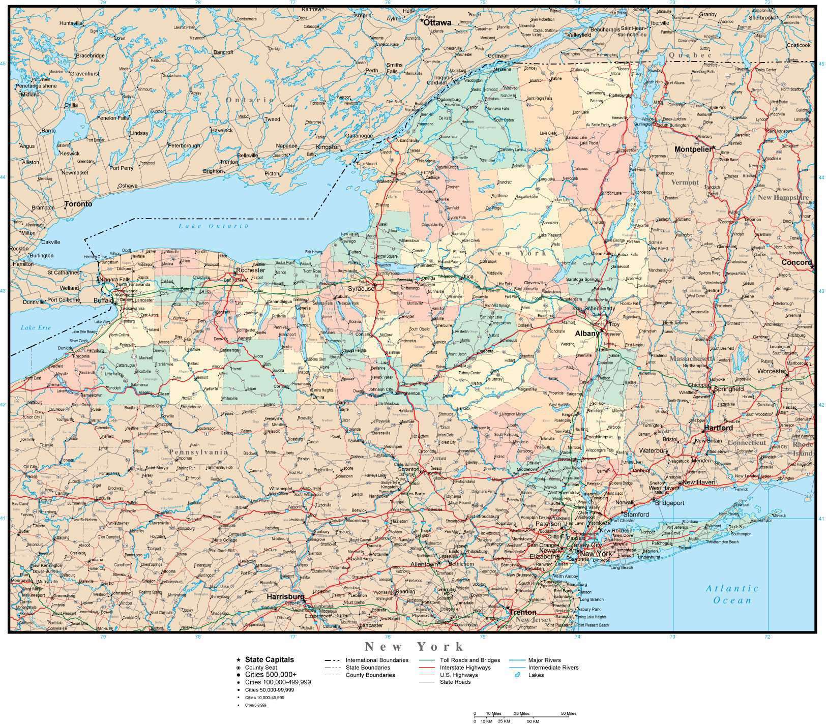 New York Adobe Illustrator Map with Counties, Cities, County Seats