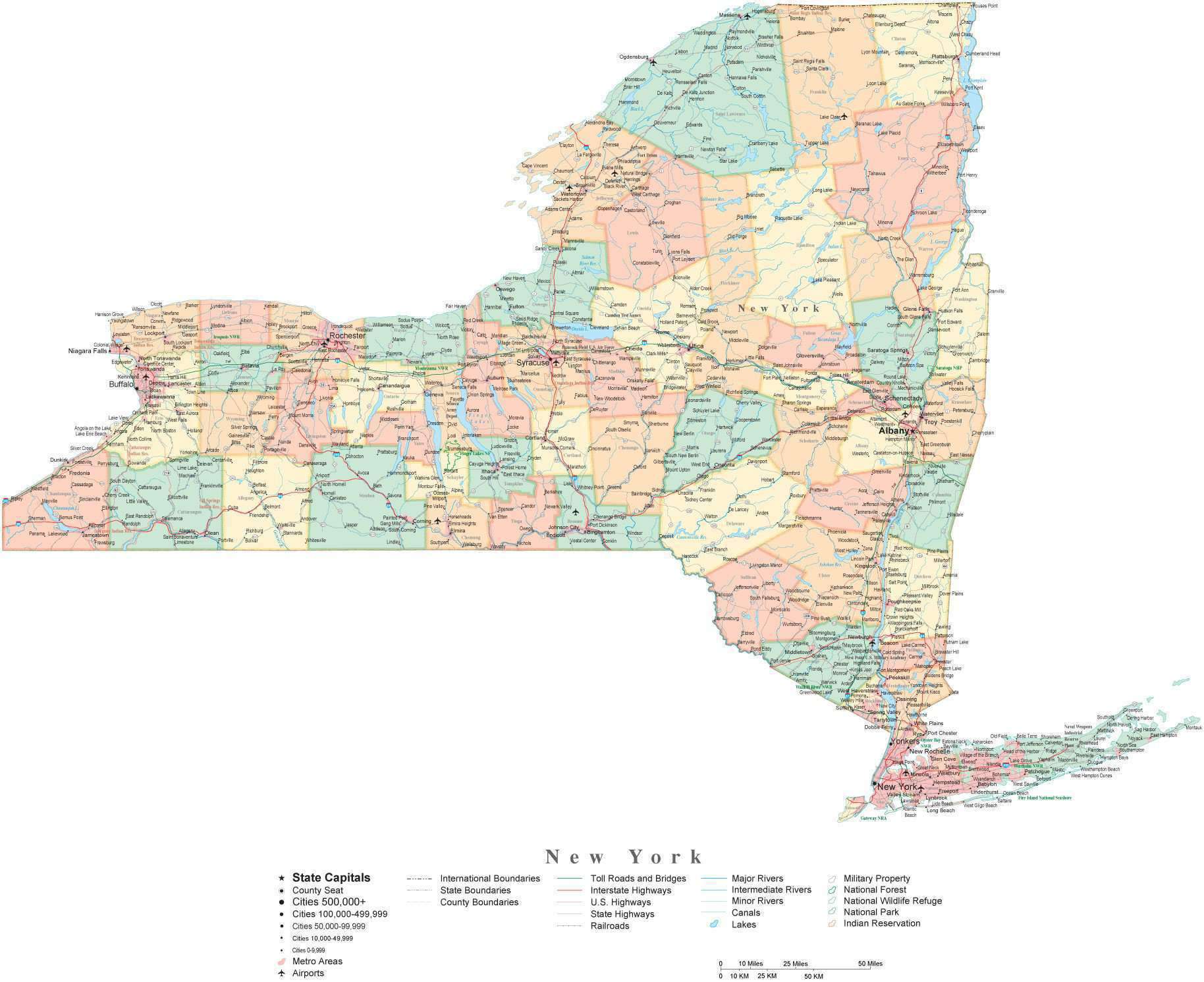 State Map of New York in Adobe Illustrator vector format. Detailed