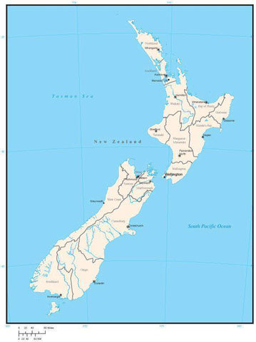 New Zealand Map with Region Areas and Capitals in Adobe Illustrator Format