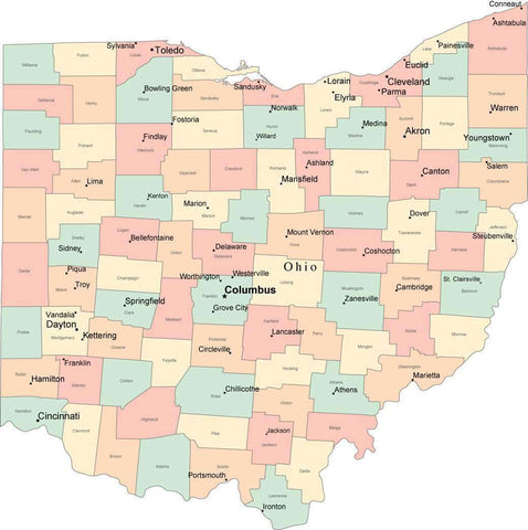 Multi Color Ohio Map With Counties Capitals And Major Cities   OH USA 113137 Large 