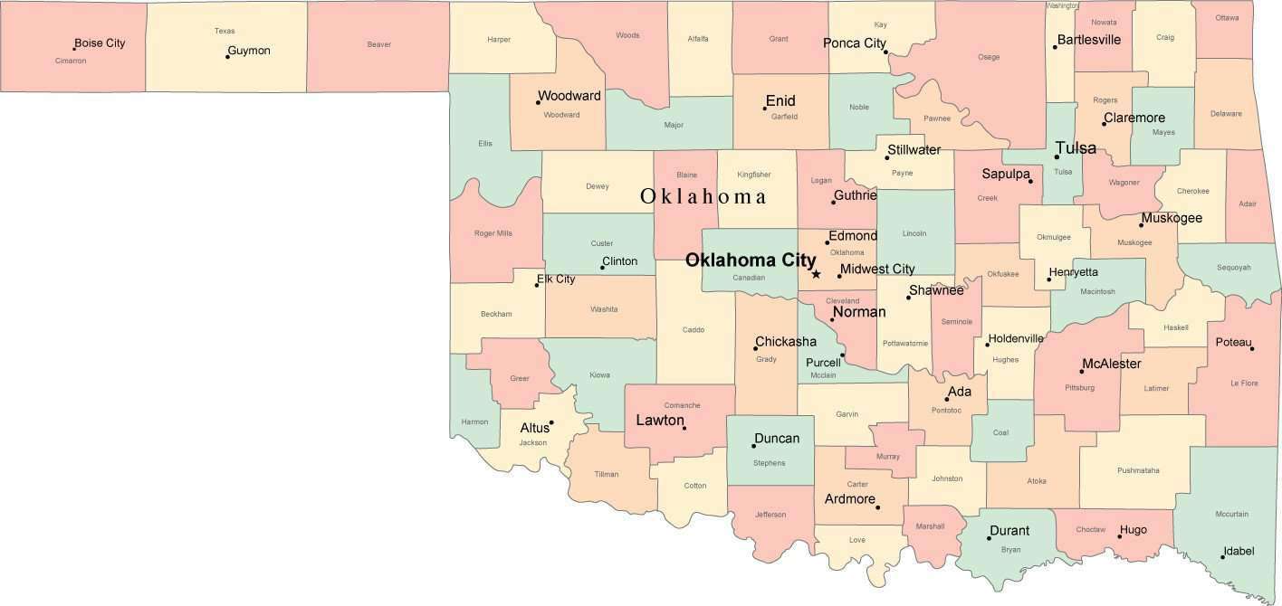 Major Cities In Oklahoma Map Multi Color Oklahoma Map with Counties, Capitals, and Major Cities