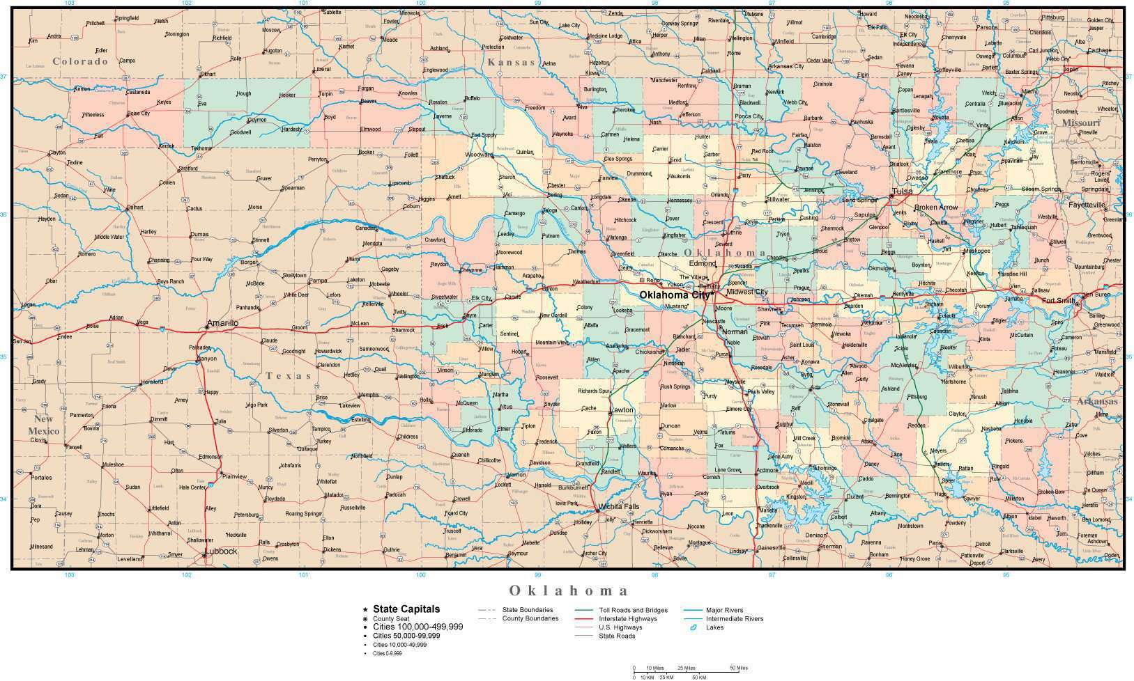 Oklahoma Adobe Illustrator Map with Counties, Cities, County Seats