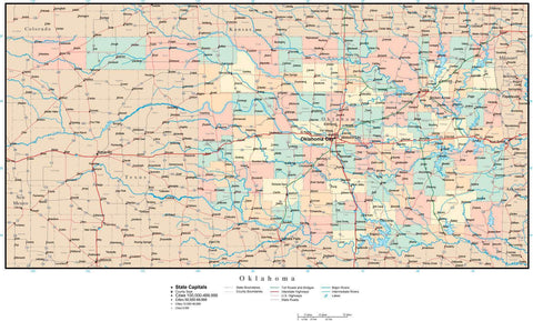 Oklahoma Adobe Illustrator Map with Counties, Cities, County Seats ...