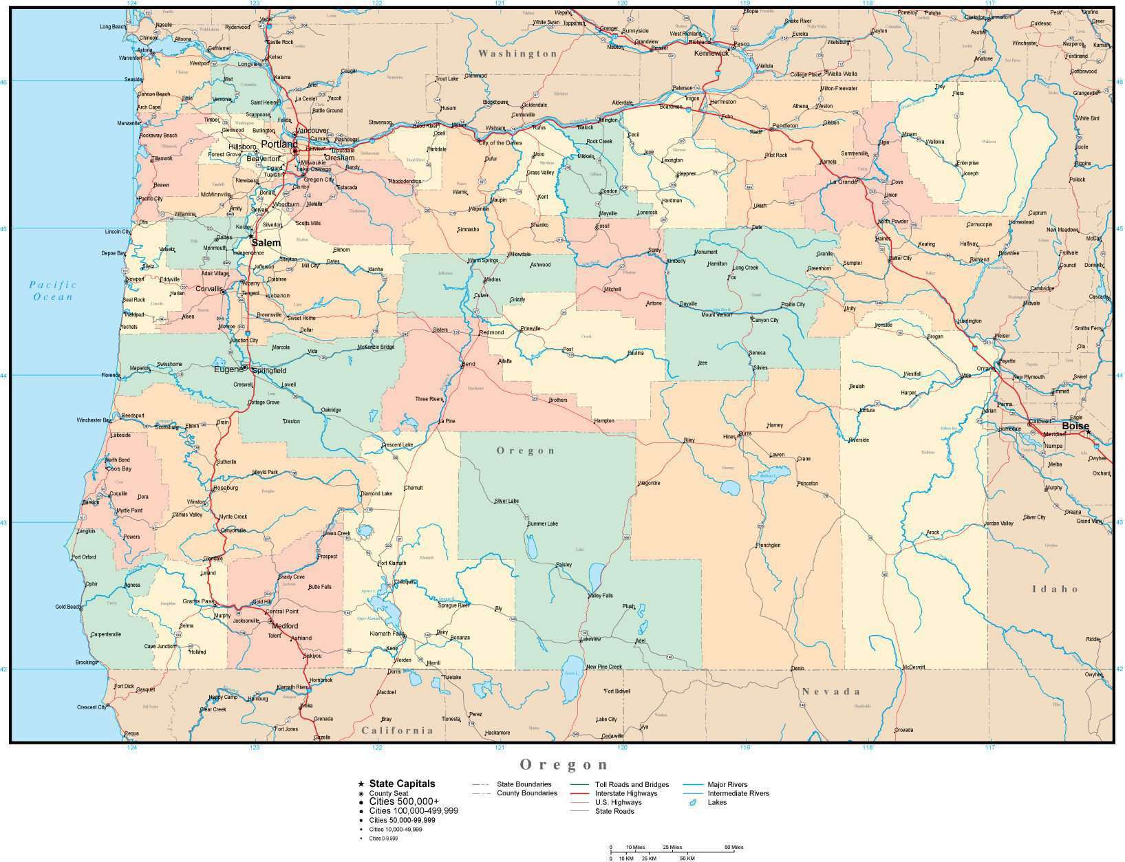 Oregon Adobe Illustrator Map with Counties, Cities, County Seats, Major