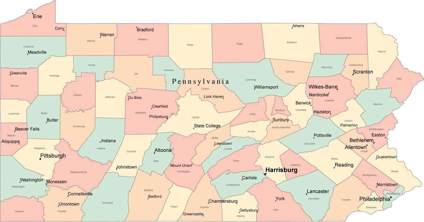 Pennsylvania Counties Map With Cities 0838