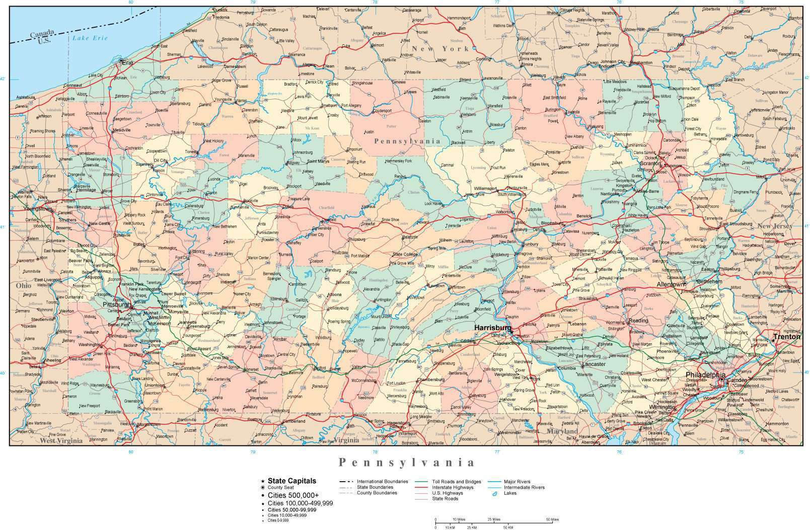 Pennsylvania Adobe Illustrator Map with Counties, Cities, County Seats